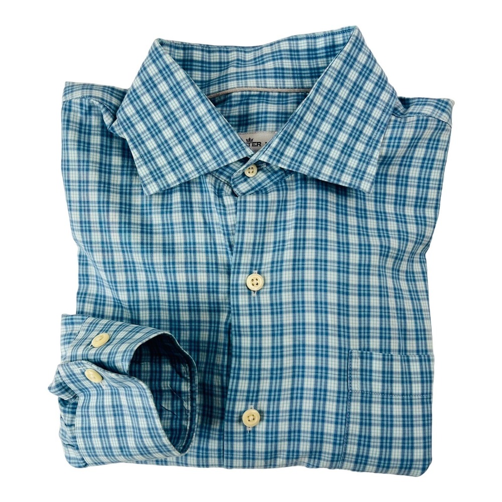 Peter Millar Blue & White Check Long Sleeve Cotton Silk Button Up Mens Size M‎